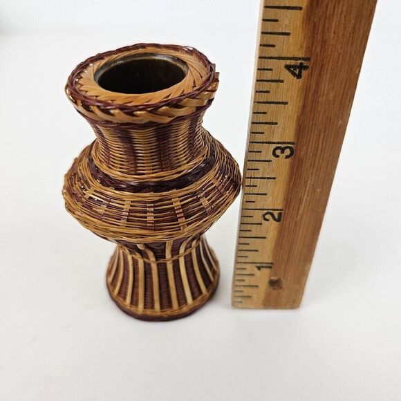 Shanghai Handicrafts Miniature Vase Woven Wicker Rattan Bamboo Basket Vtg Label - Picture 8 of 9